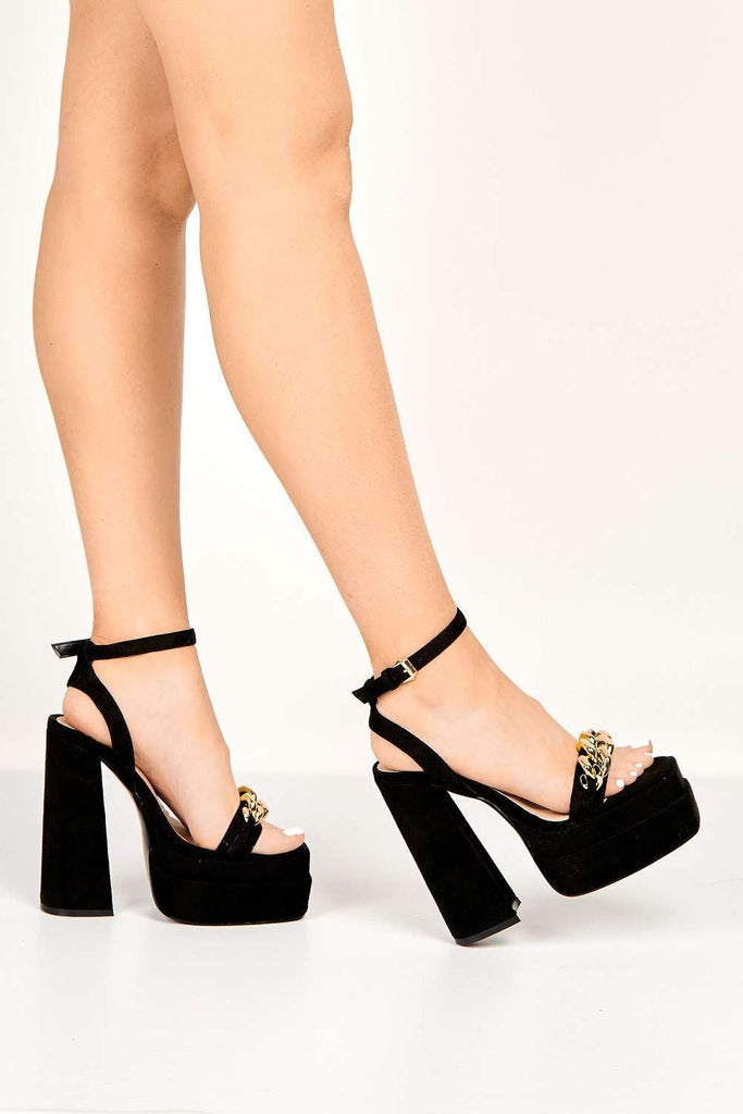 Aden Chain Detail Band Platform Block Heel Sandal in Black Suede Heels Miss Diva 