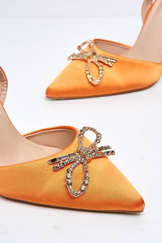 Leiria Diamante Bow Brooch Pointed Toe Spool Heel Court Shoe in Orange Heels Miss Diva 