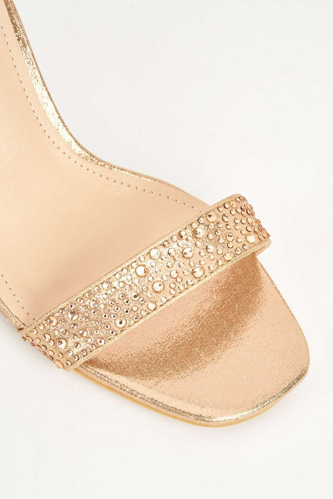 Santana Diamante Embellished Ankle Strap Block Heel Sandal in Champagne Heels Miss Diva 