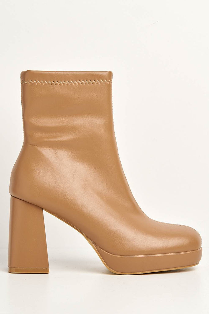 Katherine Platform Block Heel Ankle Boots in Camel Boots Miss Diva 