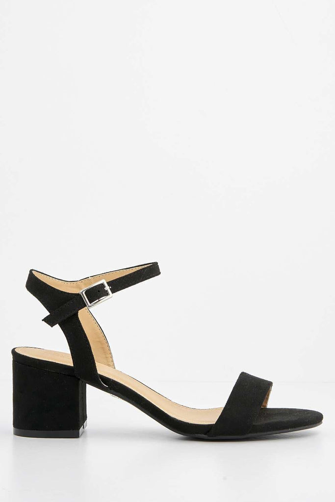 Flori Thick Anklestrap & Band Heeled Sandal in Black Suede Heels Miss Diva 