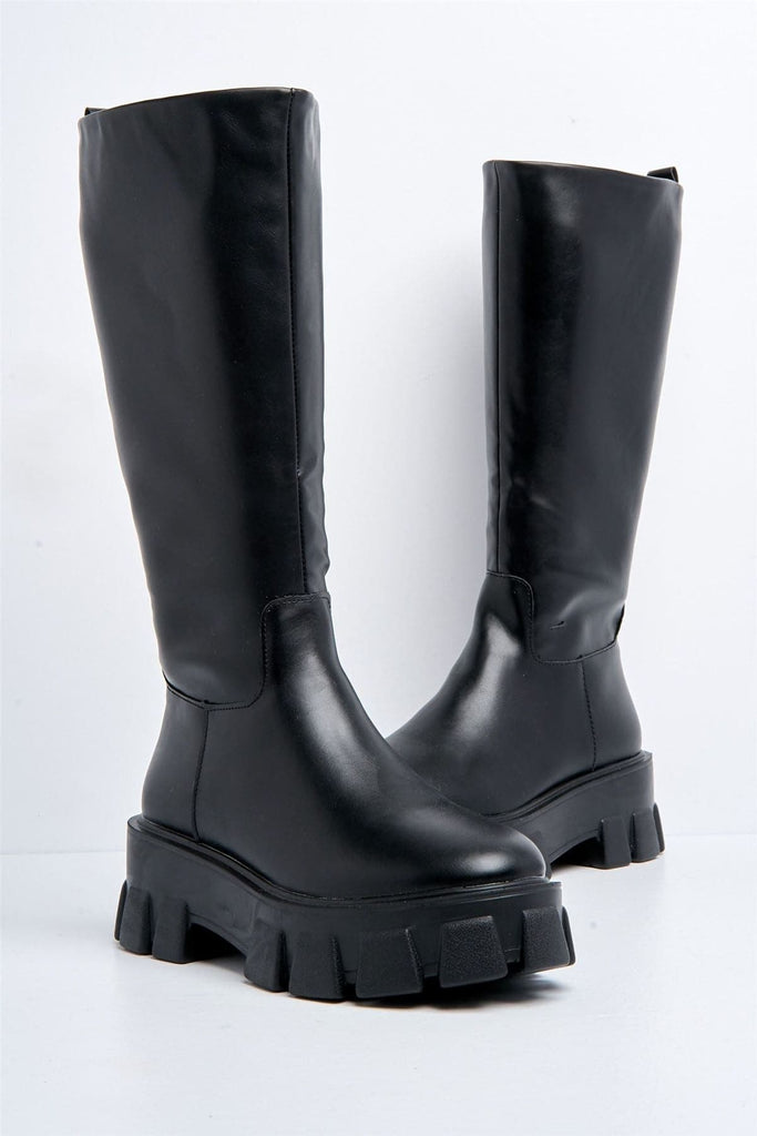 Nicole Chunky Sole Calf Boot in Black Boots Miss Diva 