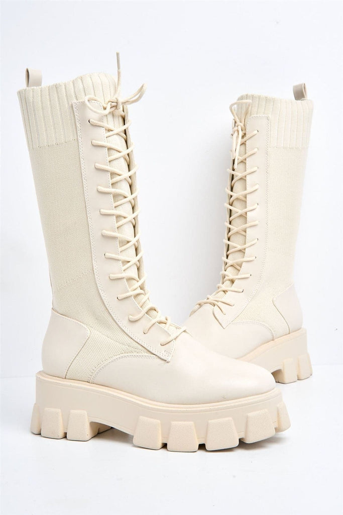 Monica Chunky Lace-up Calf Boot in Beige Boots Miss Diva 