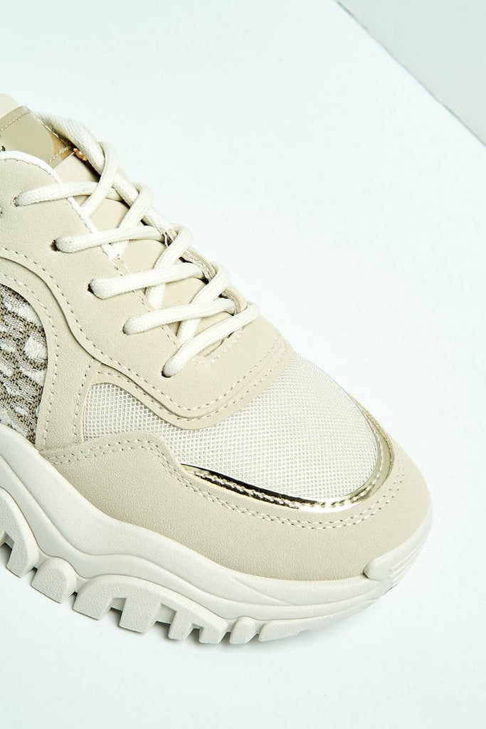 Castelo Knit & Text Detail Chunky Trainer in Beige Trainers Miss Diva 