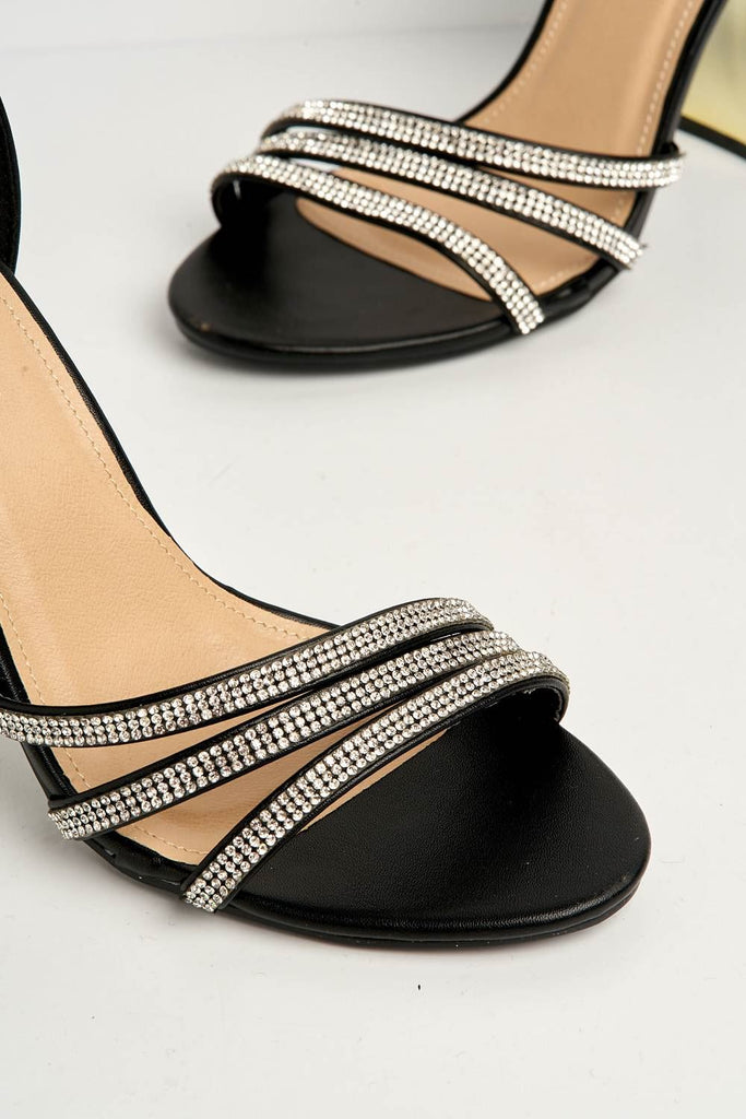 Theda Block Heel Diamante Embellished Ankle Strap Sandals in Black Matt Heels Miss Diva 