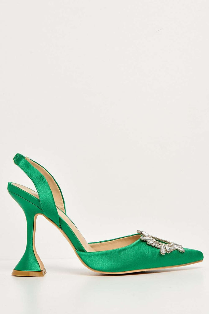 Girona Diamante Brooch Pointed Toe Spool Heel Court Shoe in Green Heels Miss Diva 