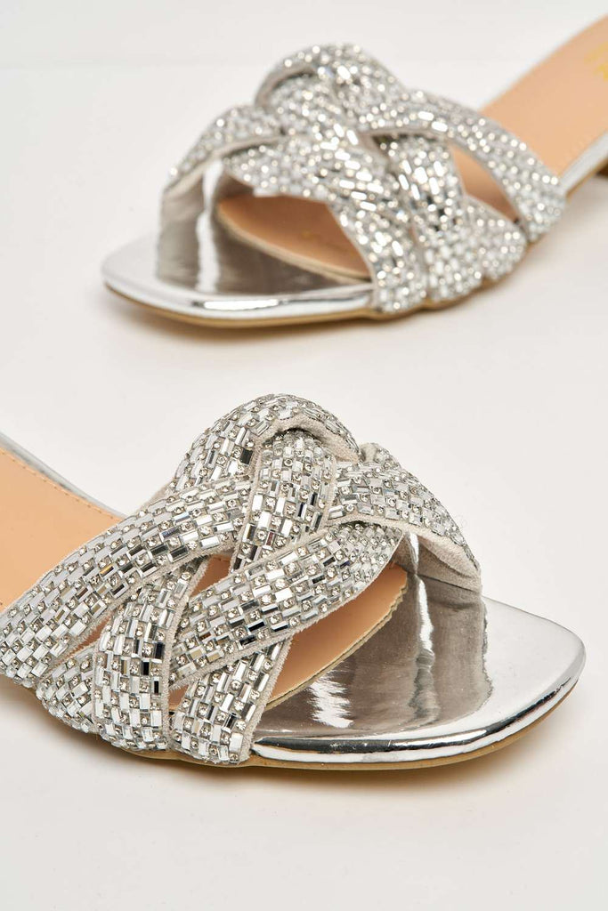 Dana Plaited Gemstone Band Block Heel Mule in Silver Heels Miss Diva 