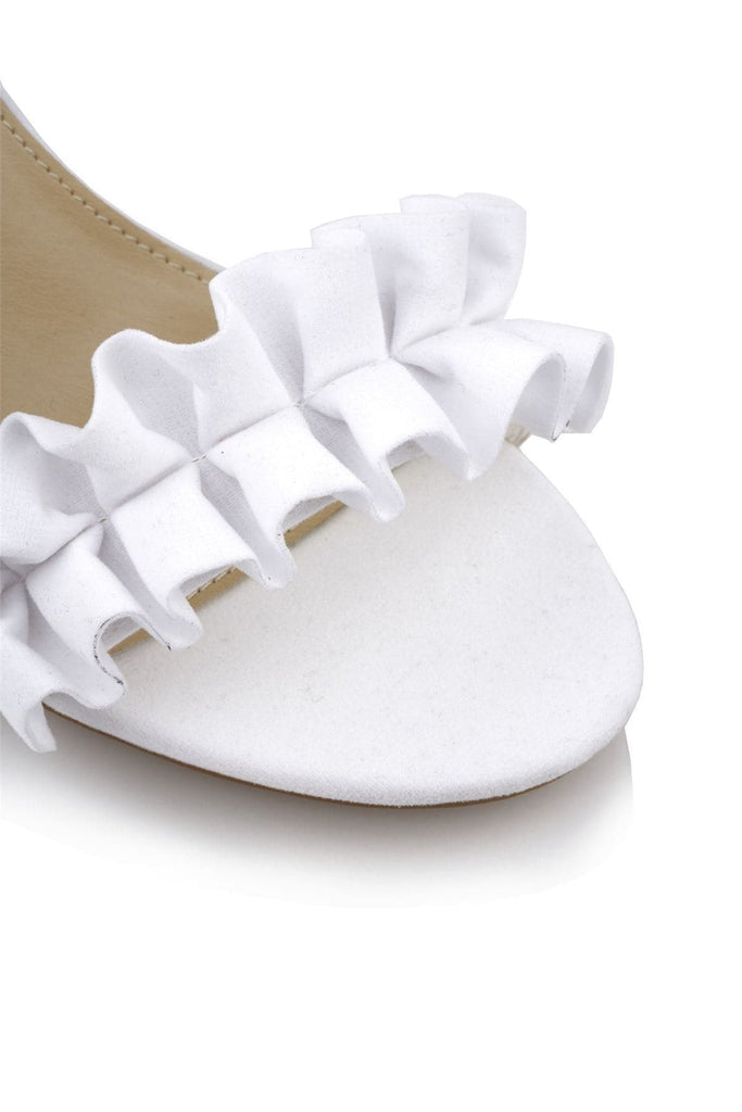 Ally Frill Detailed Anklestrap Sandal in White Suede Heels Miss Diva 