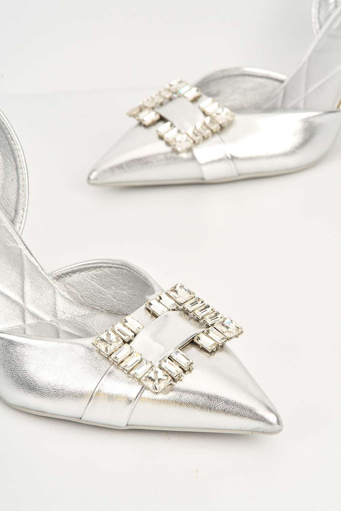 Yvette Diamante Brooch Sling-back Court Shoes in Silver Heels Miss Diva 