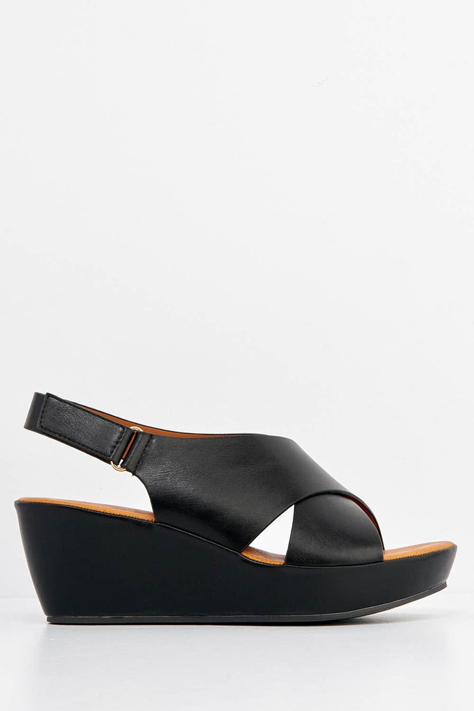 Klara Criss-Cross Straps Wedge Sandals in Black Heels Miss Diva 