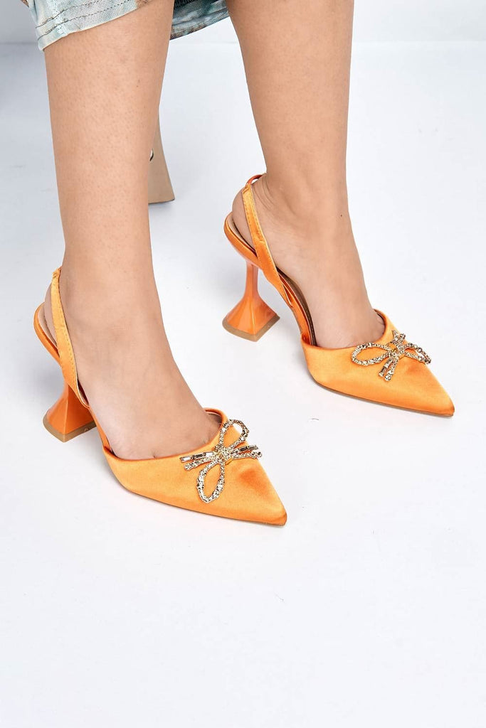Leiria Diamante Bow Brooch Pointed Toe Spool Heel Court Shoe in Orange Heels Miss Diva 