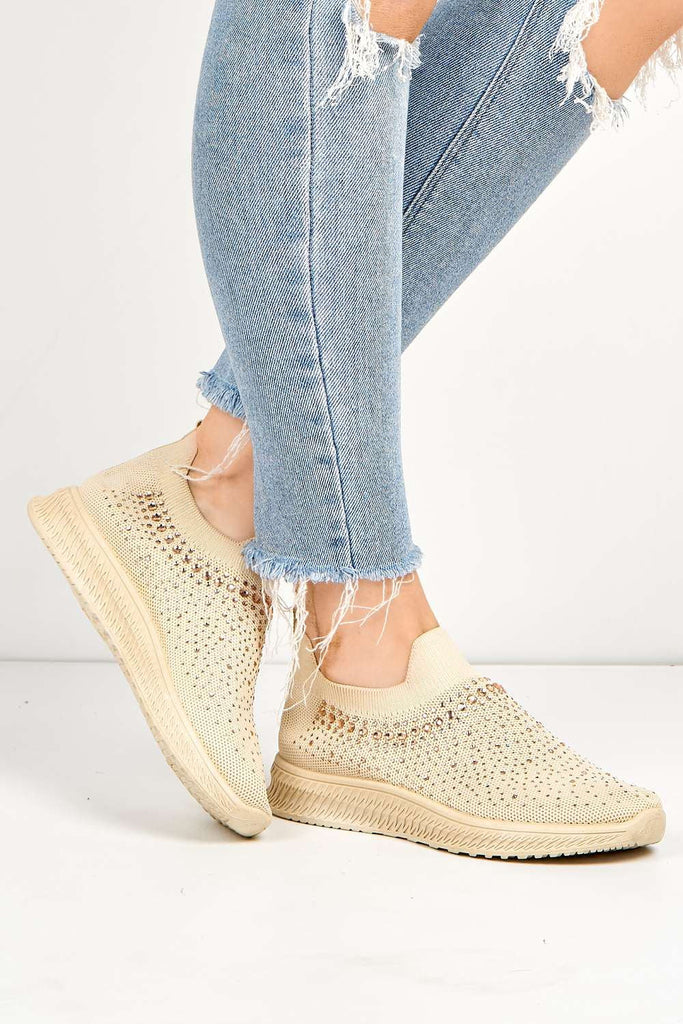 Stilla Diamante Embellished Slip-on Trainer in Beige Trainers Miss Diva 