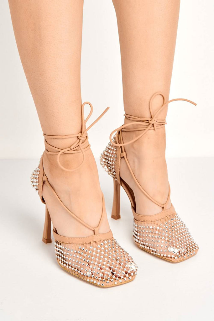 Rosalyn Mesh & Gemstone Detail Lace-up Heel in Tan Heels Miss Diva 