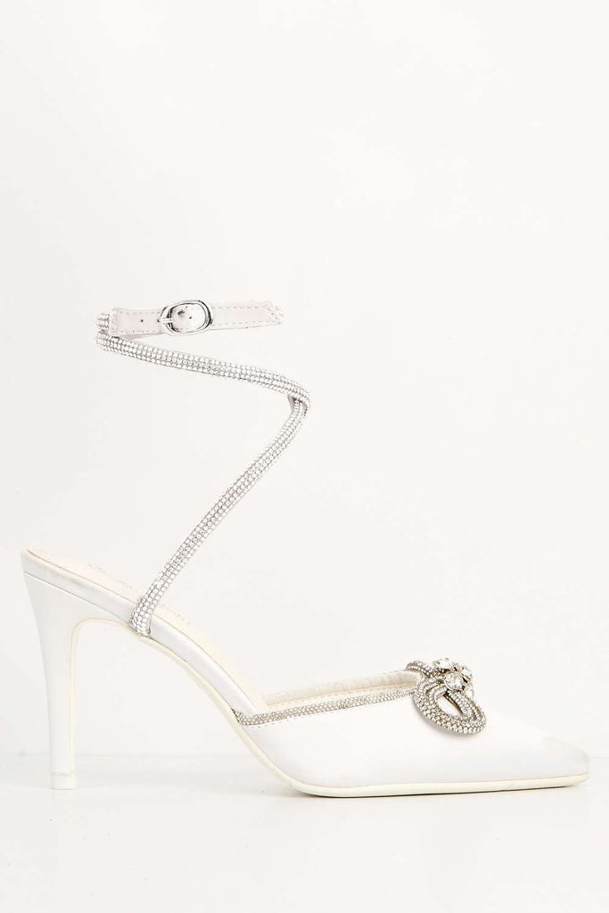 Natalie Pointed Toe Diamante Bow & Strap Court Shoe Heel in Ivory Heels Miss Diva 