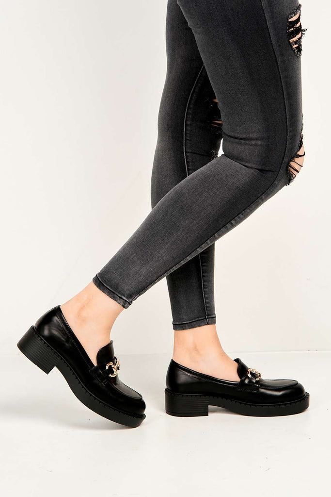 Gamma Metal Link Detail Block Heel Loafers in Black Flats Miss Diva 