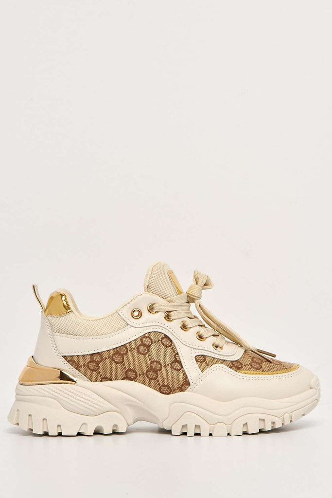 Elle Chunky Sole Logo Trainer in Beige Trainers Miss Diva 