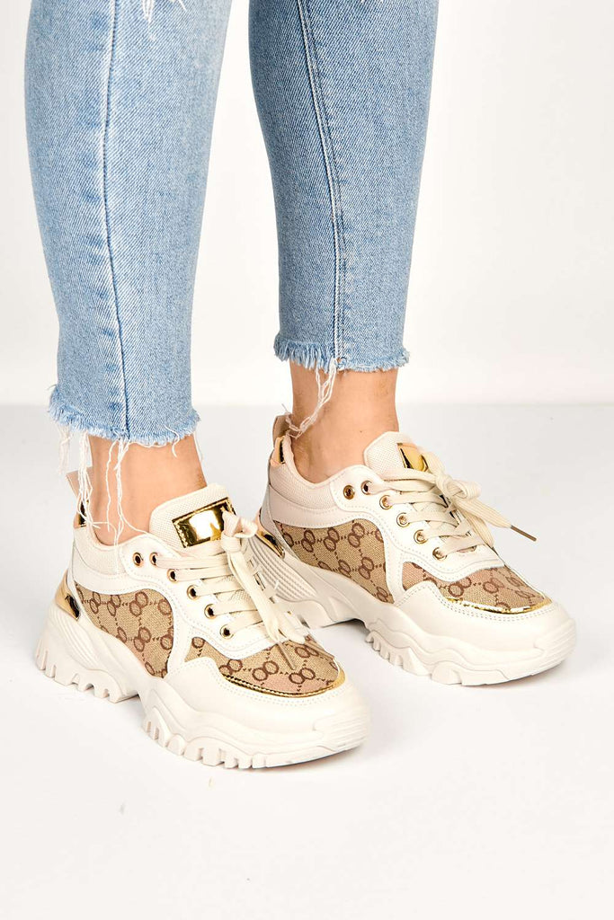 Elle Chunky Sole Logo Trainer in Beige Trainers Miss Diva 