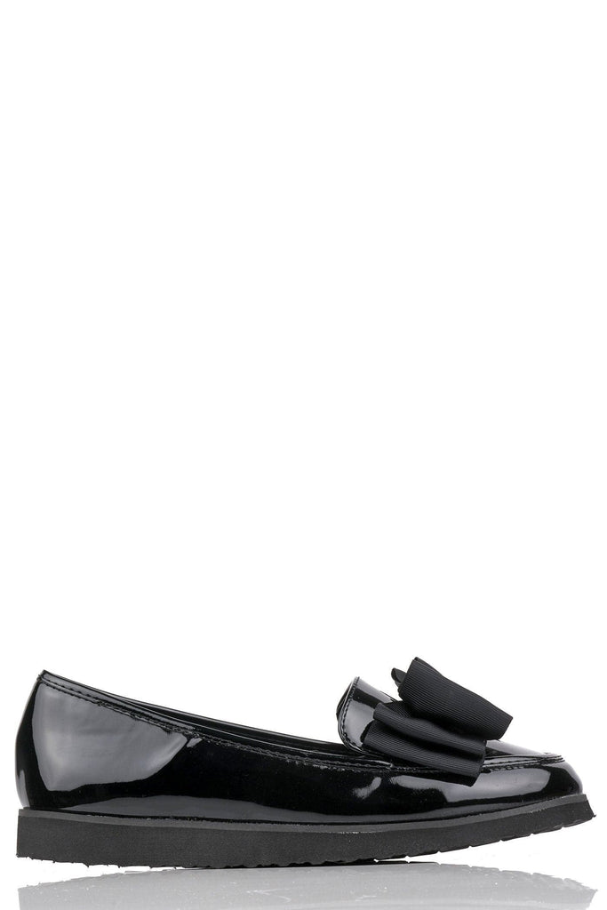 Ada Bow Detail Cleated Flatform Sole Loafers in Black Patent Flats Miss Diva 