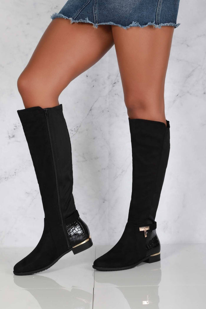 Daphine Knee High Lock Detail Boot in Black Suede Boots Miss Diva 