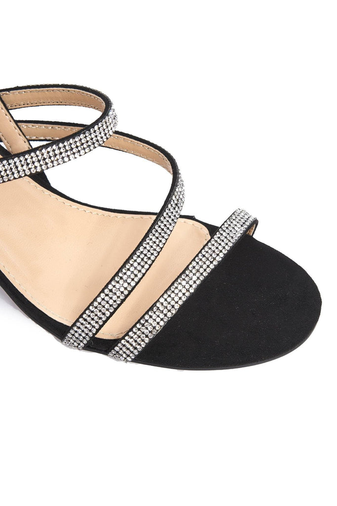 Darwin Crisscross Diamante Block Sandal In Black Suede Partywear Miss Diva 