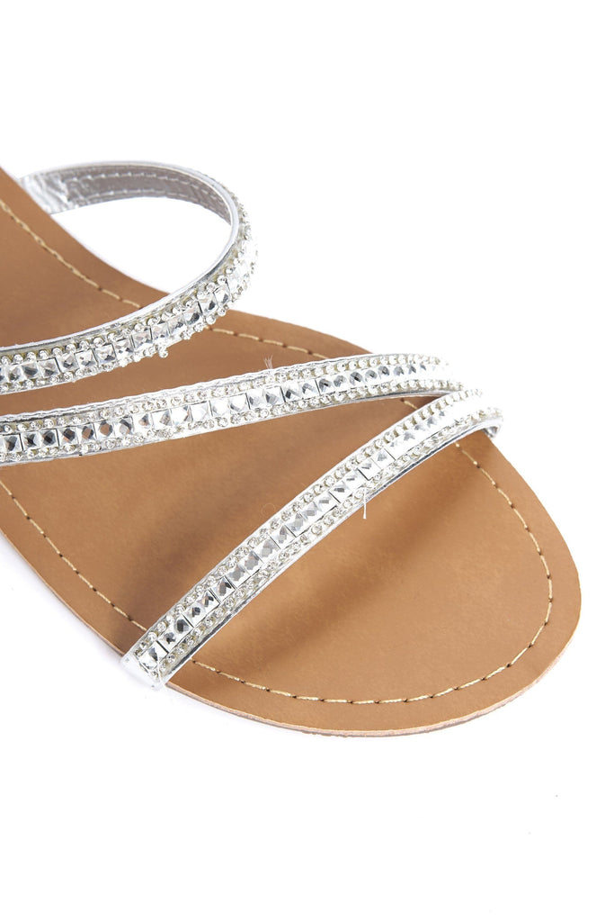 Corrie Crossover Strap Diamante Sandal in Silver Flats Miss Diva 