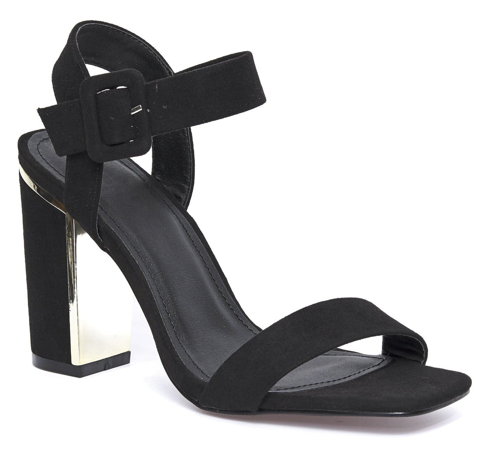 Iraya Thick Anklestrap Block Heel Sandal in Black Suede Heels Miss Diva 