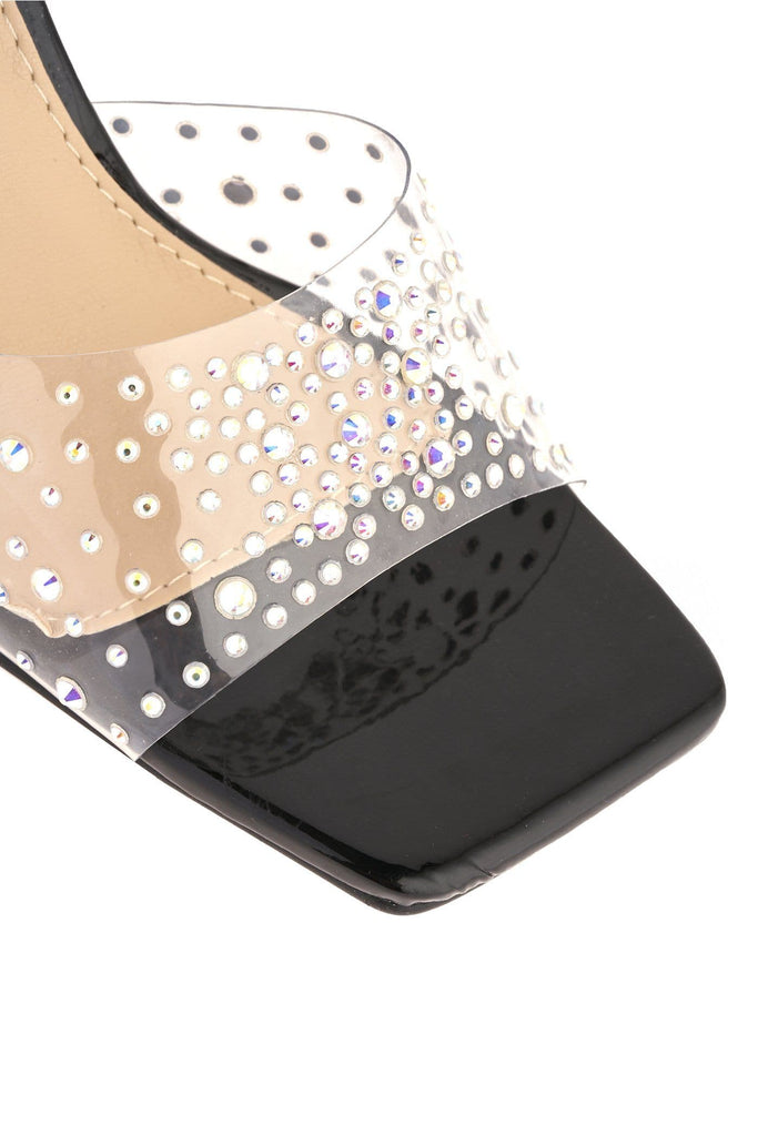 Kiki High Heel Perspex Diamante Detail Open Toe Mule In Black Partywear Miss Diva 