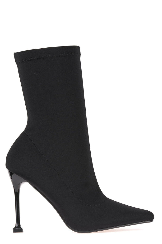 Adele Pointed Toe Flat Heel Tip Boot in Black Lycra Boots Miss Diva 