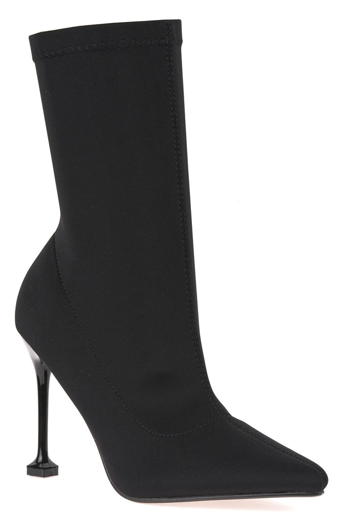 Adele Pointed Toe Flat Heel Tip Boot in Black Lycra Boots Miss Diva 