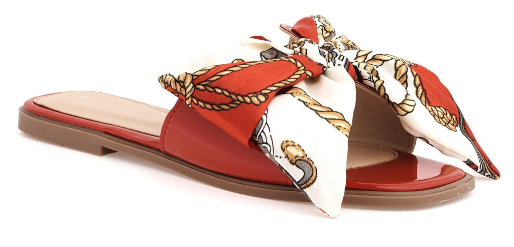 Paris Chain Print Silk Bow Open Toe Flat Sliders in Red Flats Miss Diva 