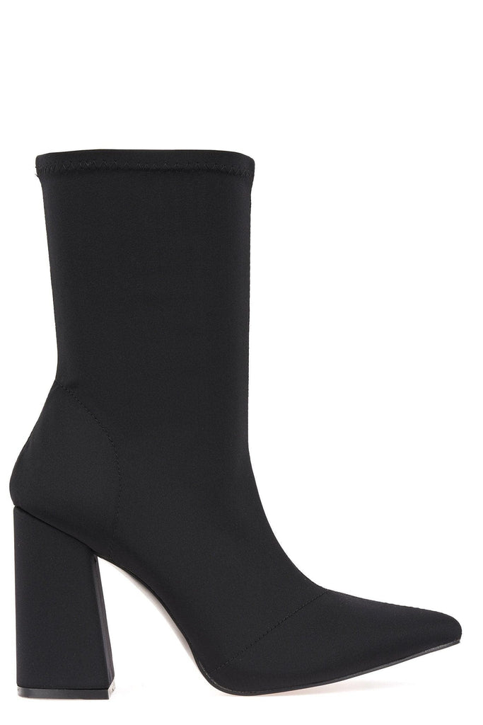 Everly Pointed Toe Flare Heel Calf Boot in Black Lycra Boots Miss Diva 