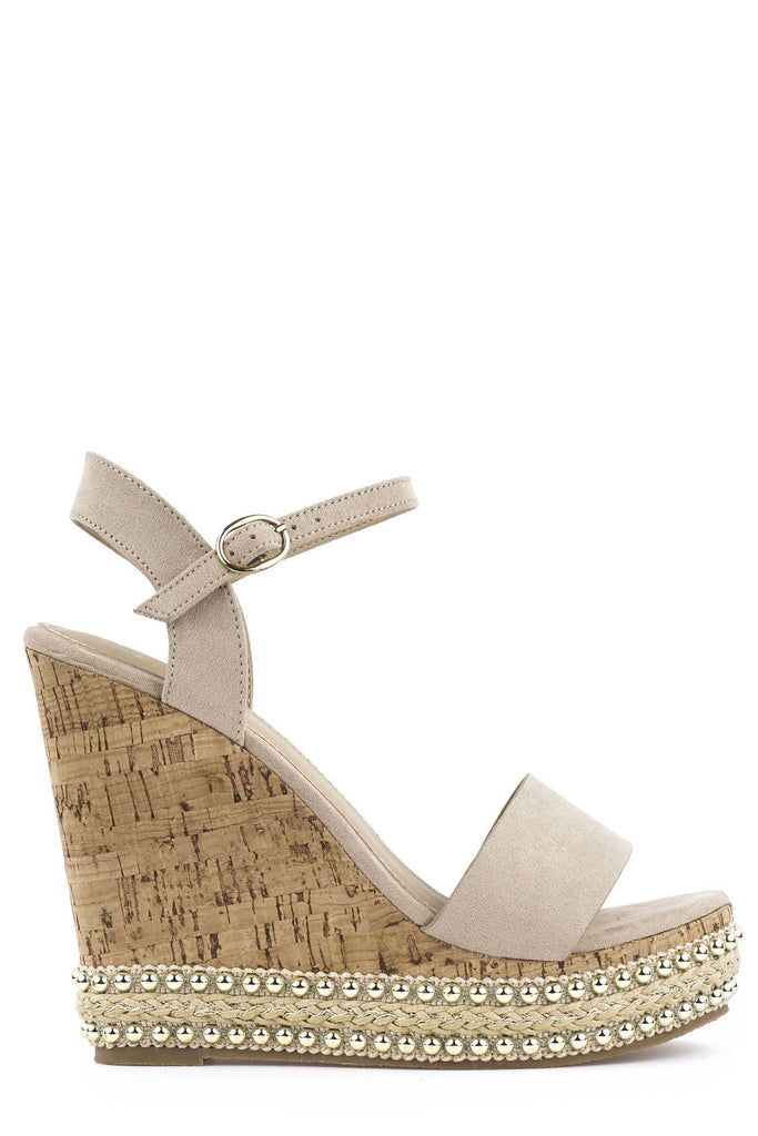 Sydney Flat Stud Sole Anklestrap Wedge in Nude Suede Sandals Miss Diva 