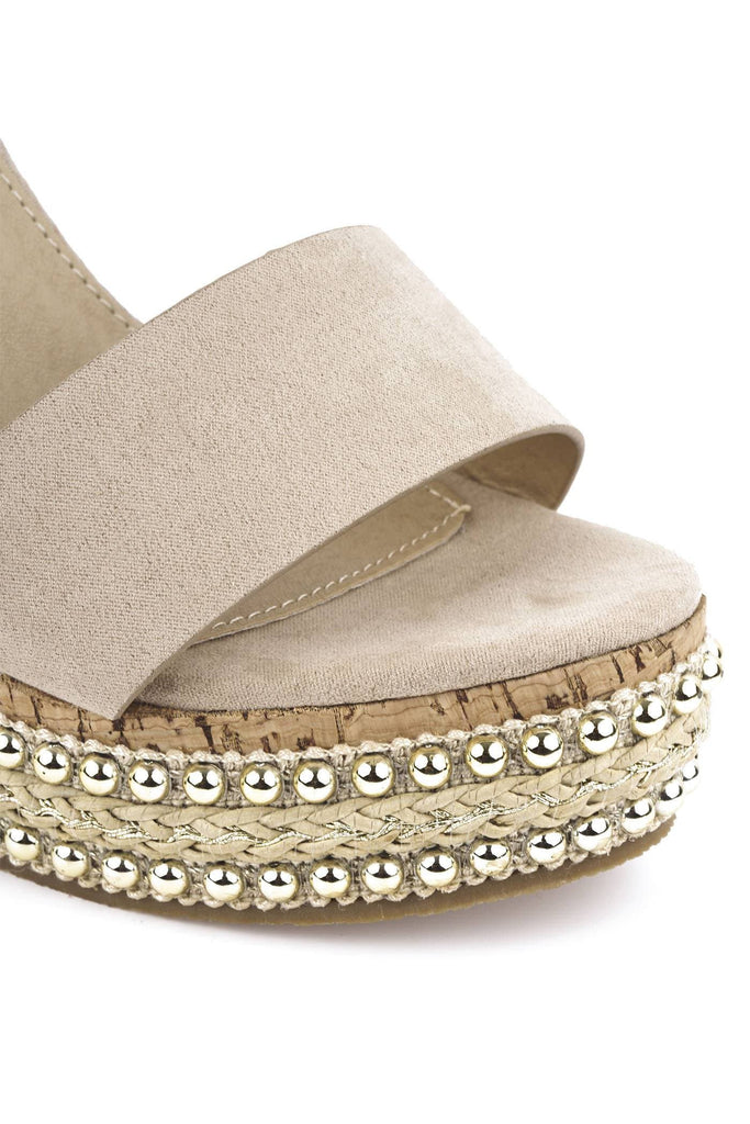 Sydney Flat Stud Sole Anklestrap Wedge in Nude Suede Sandals Miss Diva 