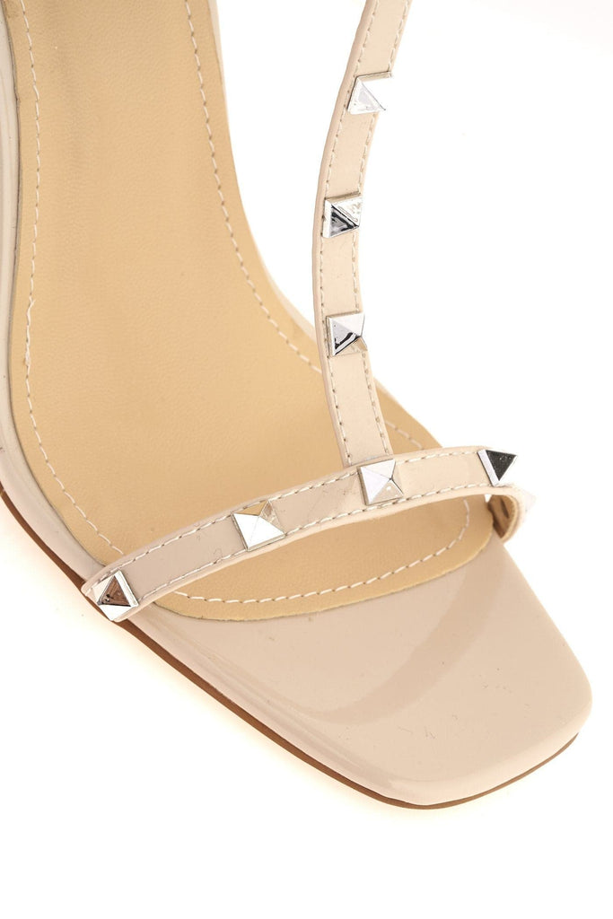 Tessa Studded Strappy High Block Sandal in Nude Patent Heels Miss Diva 