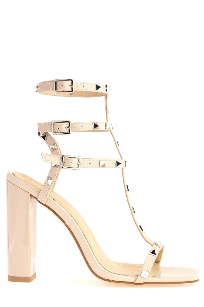 Tessa Studded Strappy High Block Sandal in Nude Patent Heels Miss Diva 