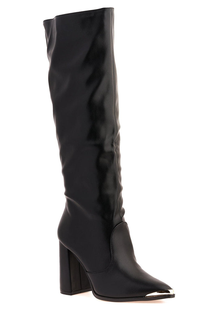 Deena Pointed Toe Gold Trim Knee High Boot in Black Boots Miss Diva 
