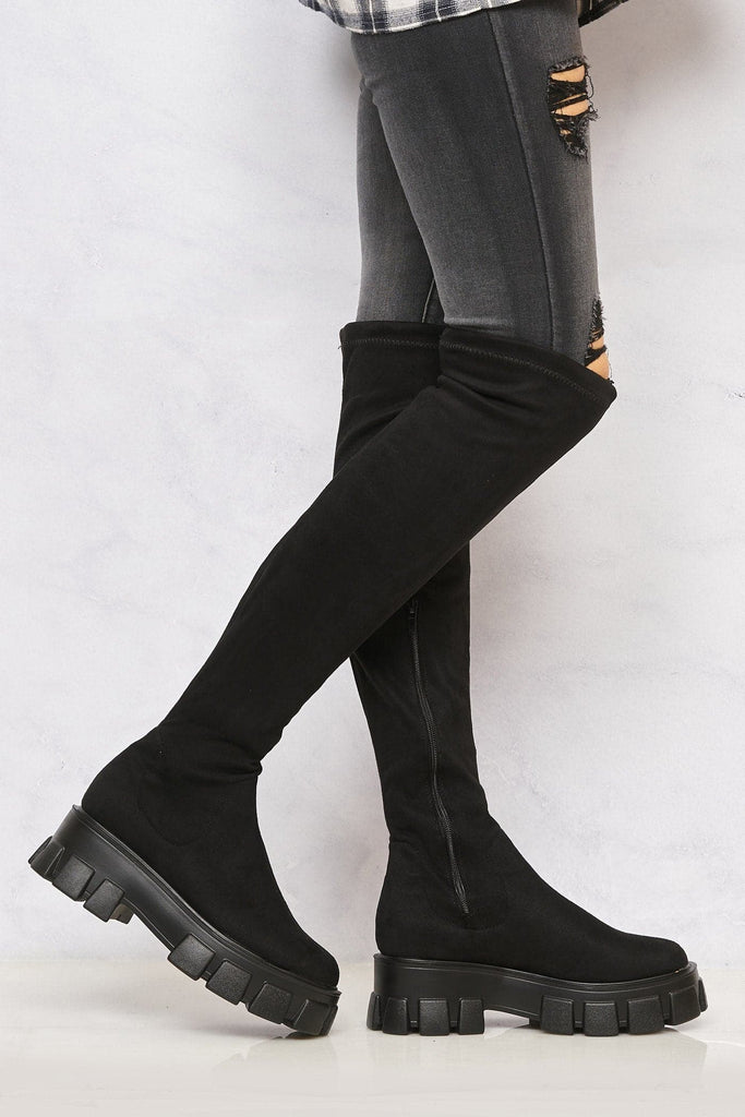 Keely Lycra Stretch OTK Boot in Black Suede Boots Miss Diva 