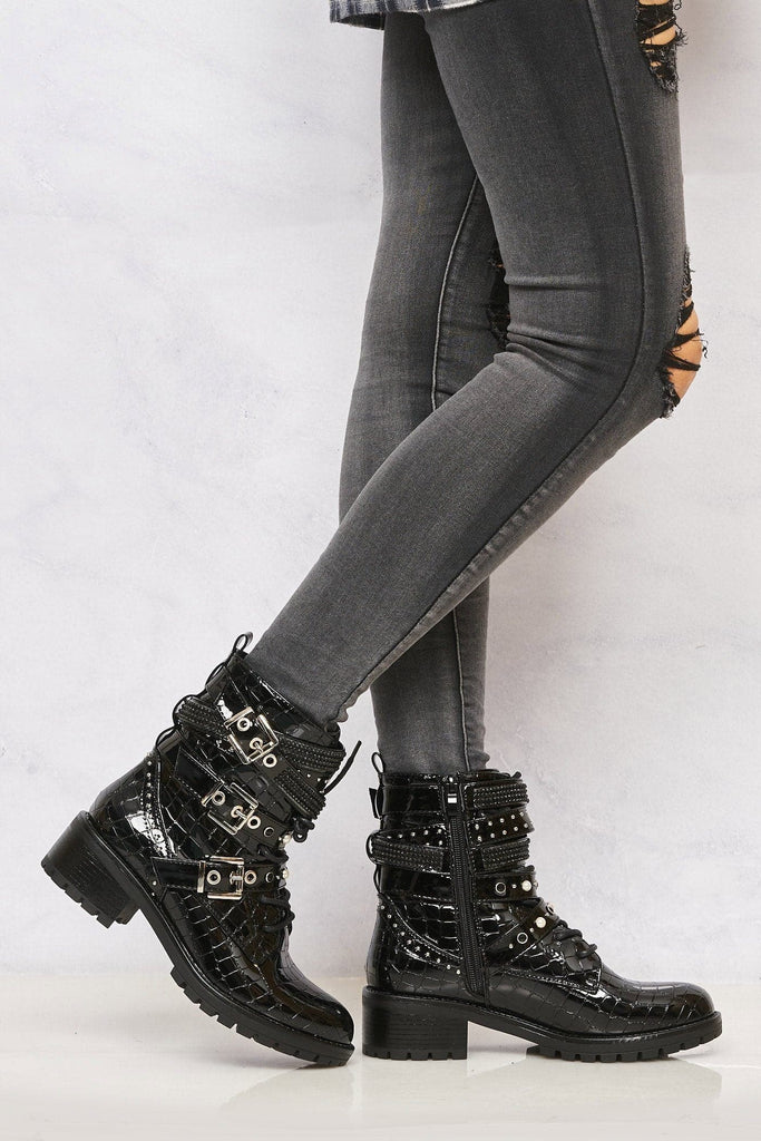 Hailey Diamante Crossover Laceup Biker Boot in Black Croc Boots Miss Diva 