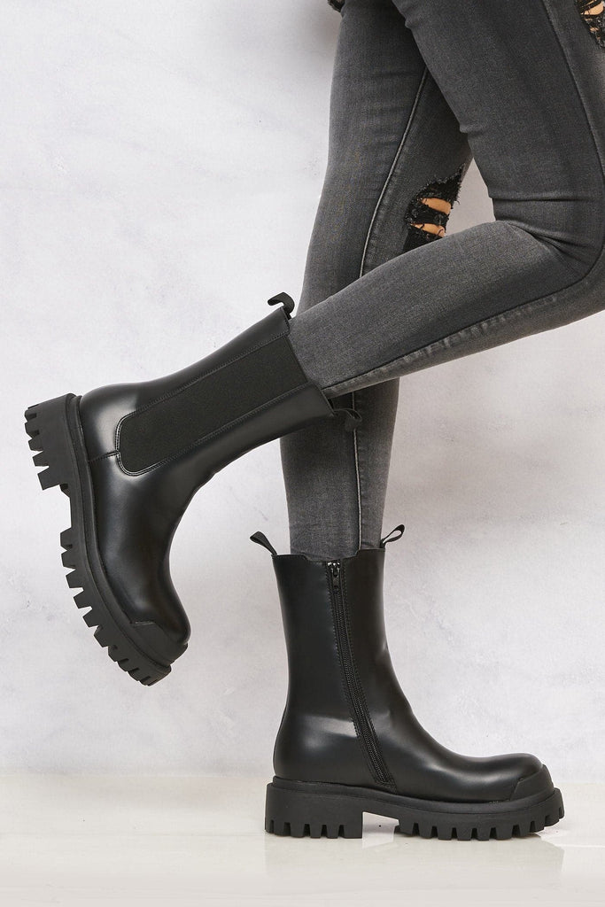 Alanna Elastic Panel Slip On Boot in Black Matt Boots Miss Diva 