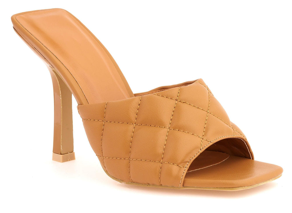Panama Mid Heel Quilted Front Open Toe Mules In Camel Heels Miss Diva 