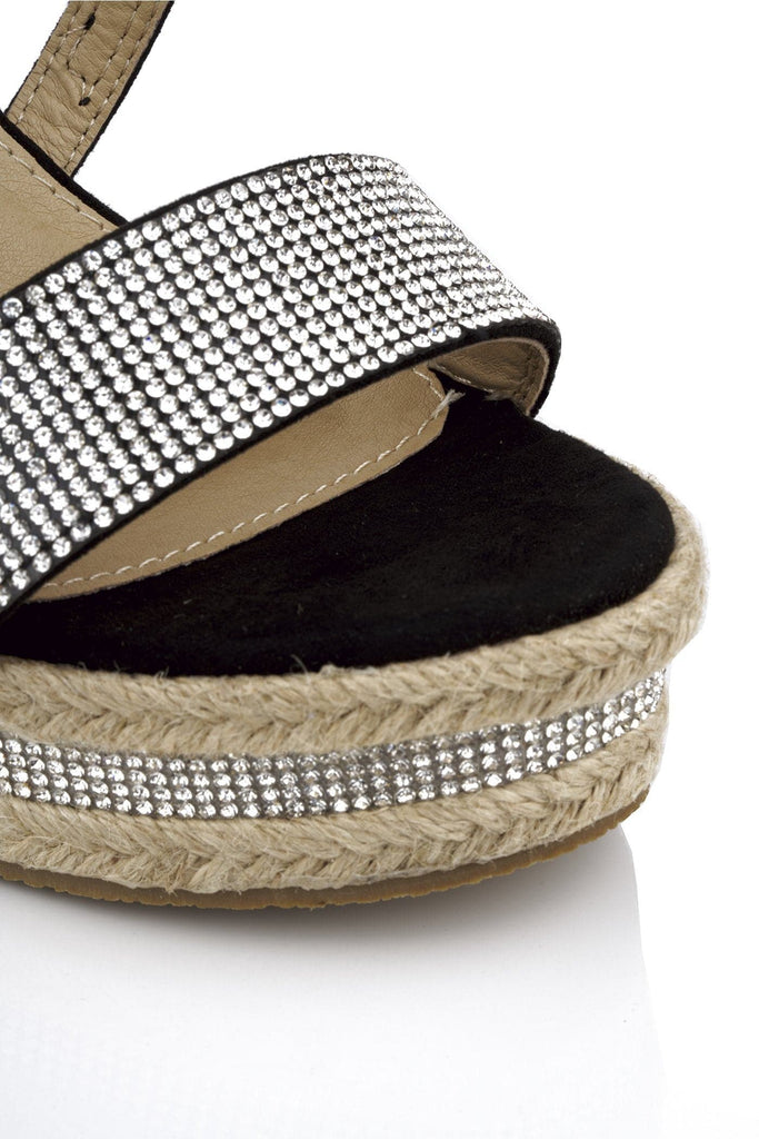 Ciara Espadrille Cork Crisscross Diamante Wedge In Black Suede Sandals Miss Diva 