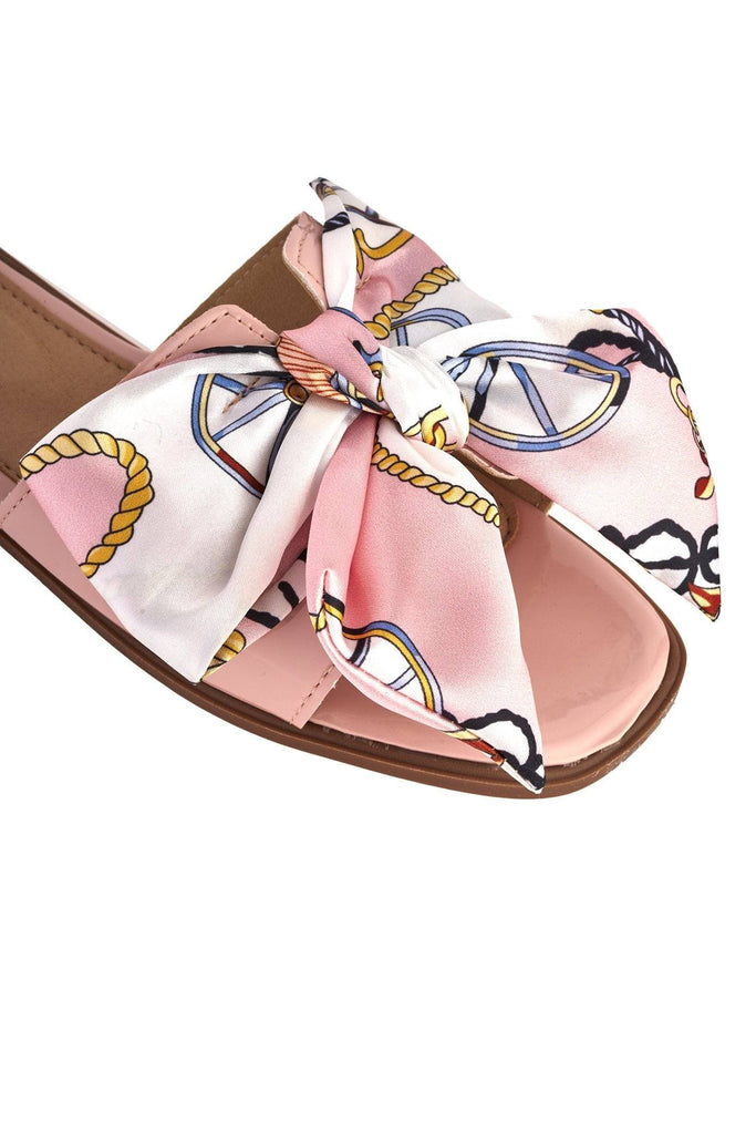 Paris Chain Print Silk Bow Open Toe Flat Sliders in Pink Flats Miss Diva Pink 6 