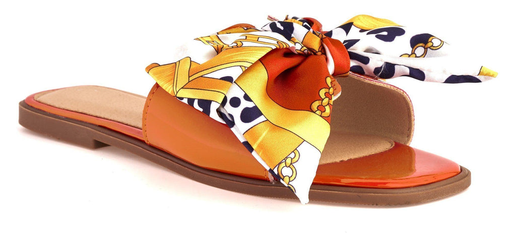 Paris Chain Print Silk Bow Open Toe Flat Sliders in Orange Flats Miss Diva Orange 5 