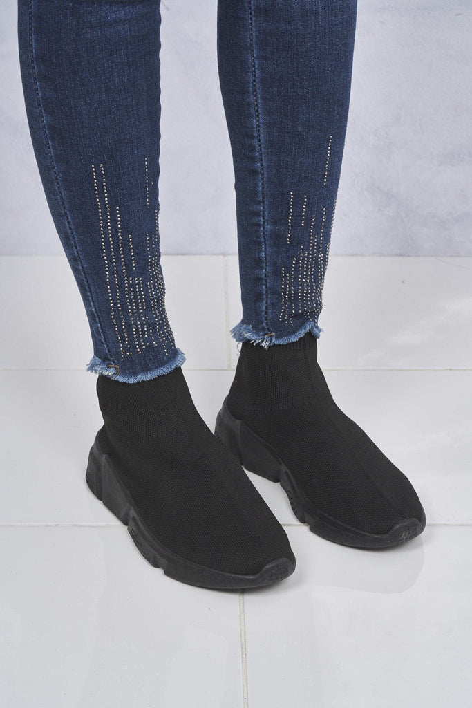 Saint Knitted Slip on Sock Boot In Black/Black Sole Trainers Miss Diva 
