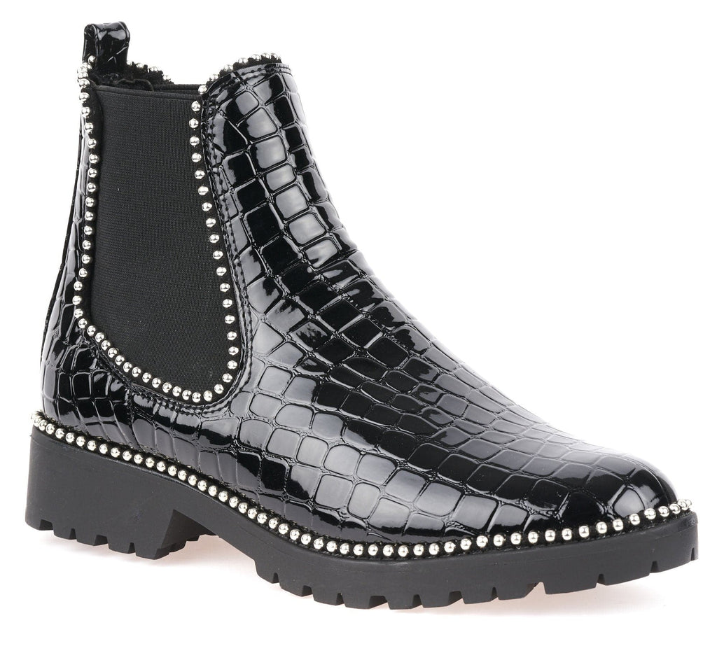 Emma Stud Detailing Sole Ankle Boot In Black Silver Croc Boots Miss Diva 