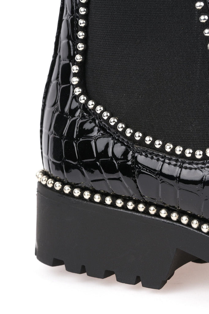 Emma Stud Detailing Sole Ankle Boot In Black Silver Croc Boots Miss Diva 