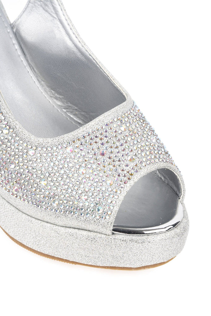 Tyler Peeptoe Diamante Slingback Wedge Sandal In Silver Partywear Miss Diva 
