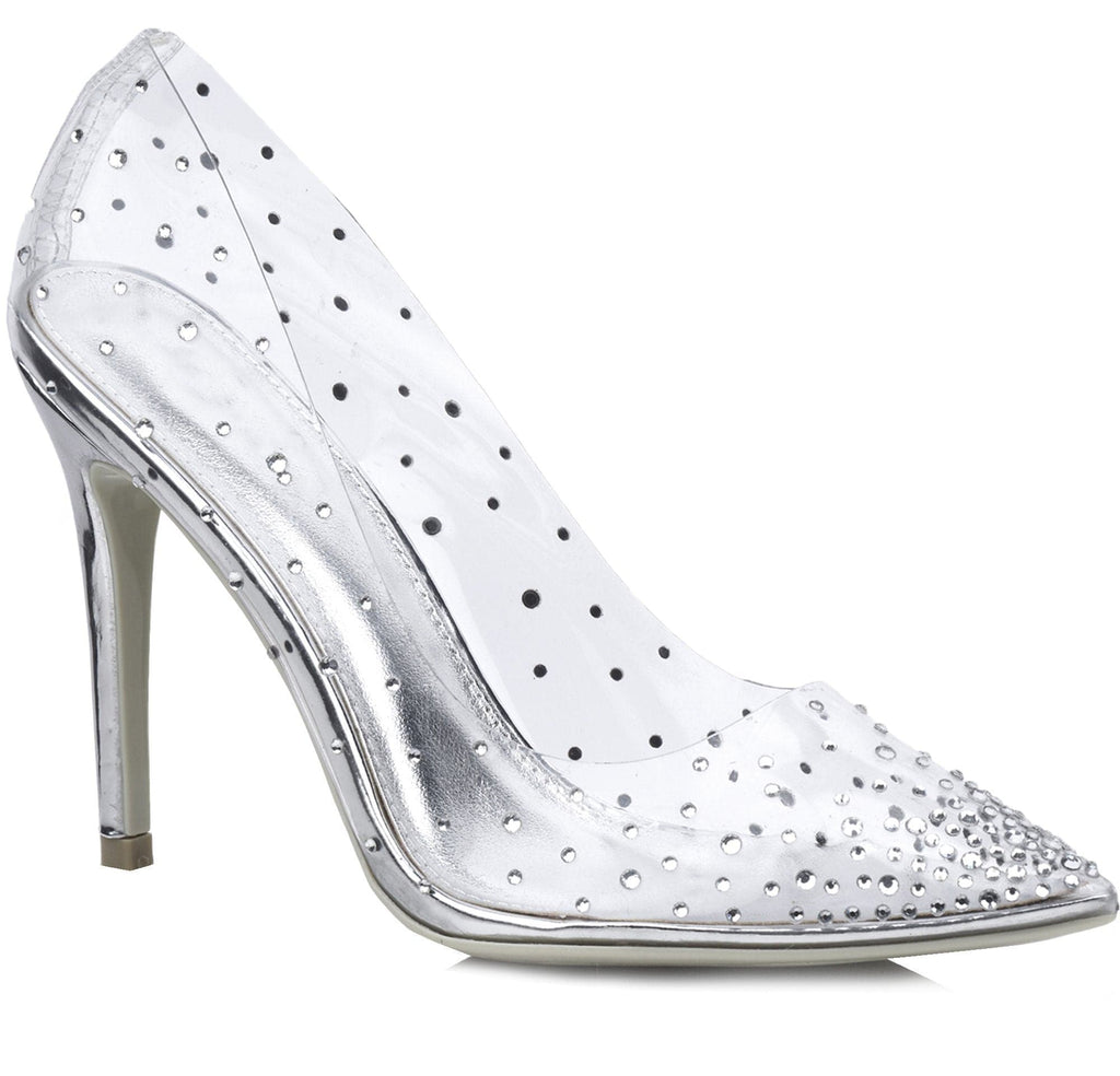 Cindy All Diamante Perspex Court Shoe in Silver Partywear Miss Diva 