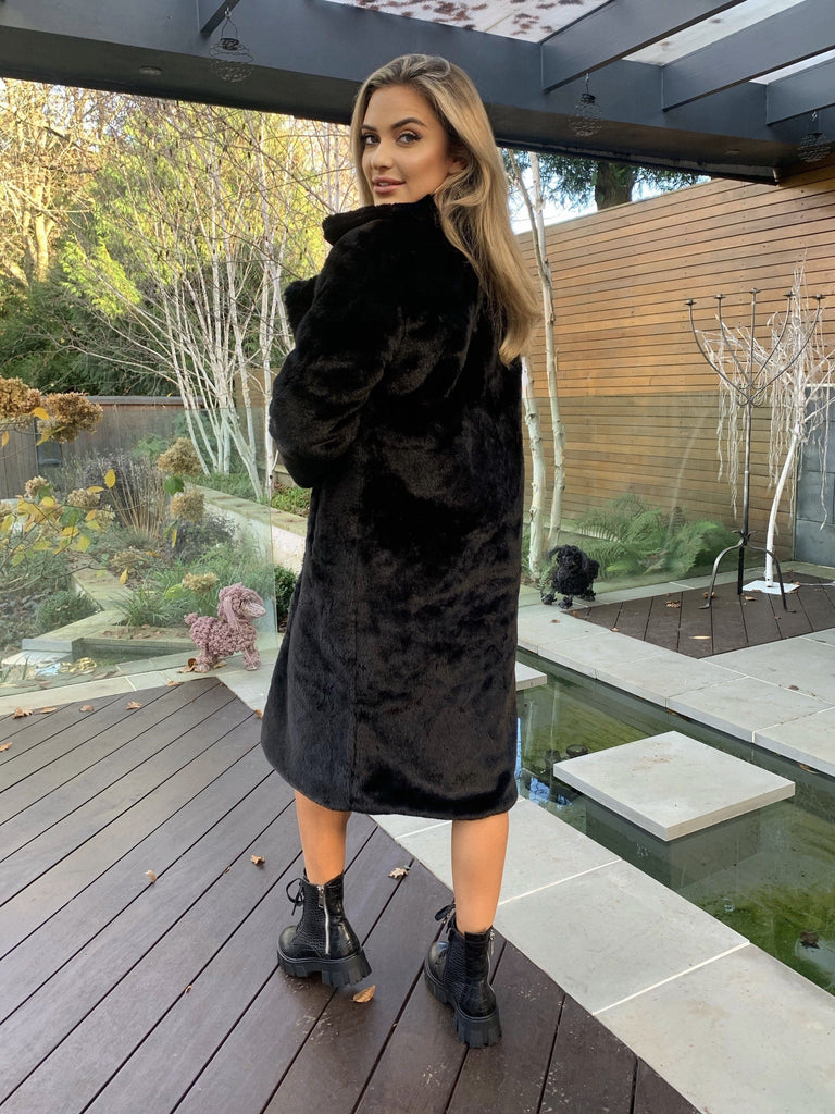 Auora Longline Plush Faux Fur Coat in Black Coats Miss Diva 