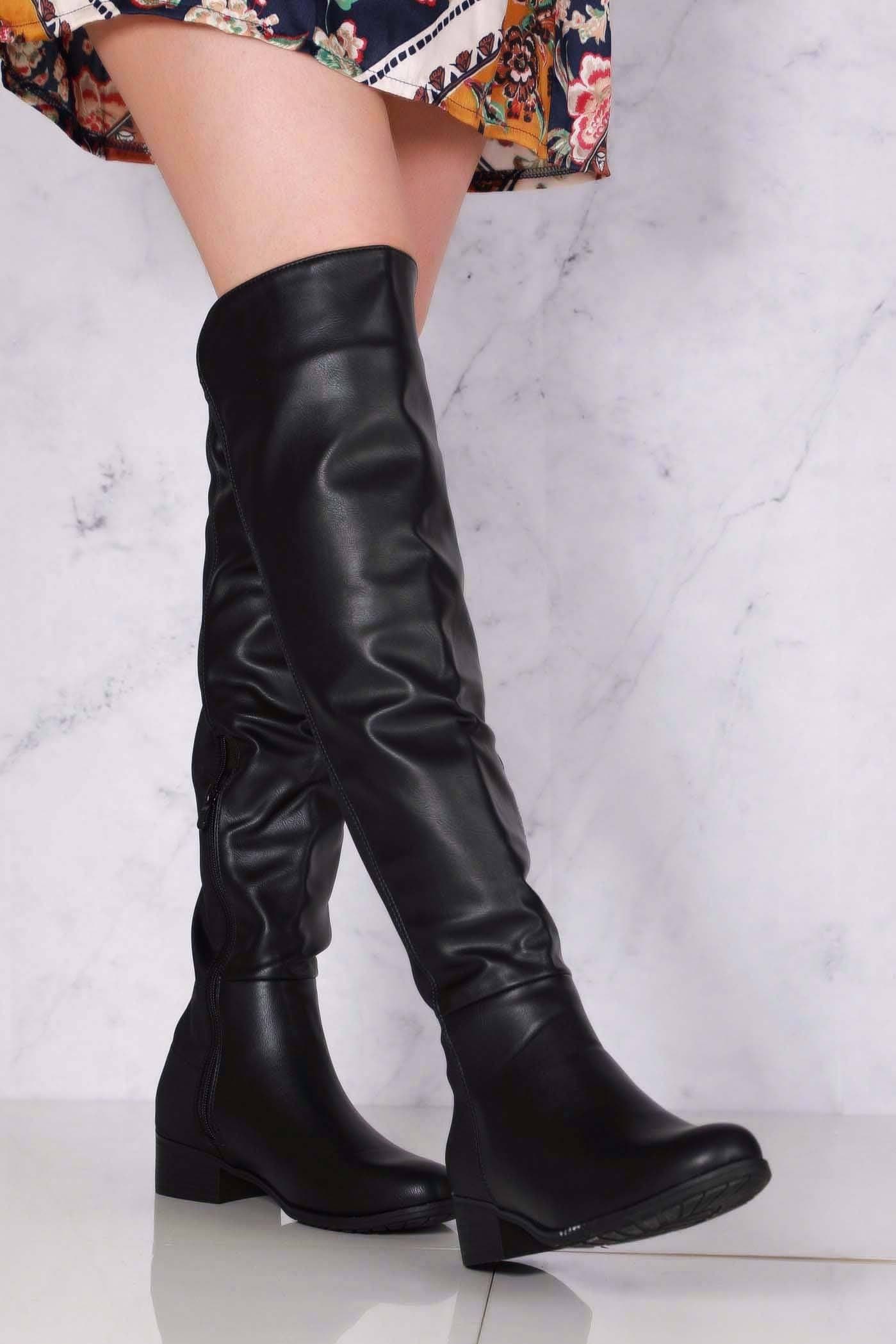 Boohoo Leather Knee High Boots No Heel Knee High Flat Heel Mid